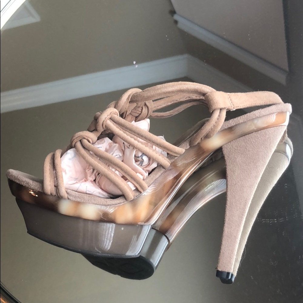 BCBGeneration platform suede nude heels.
